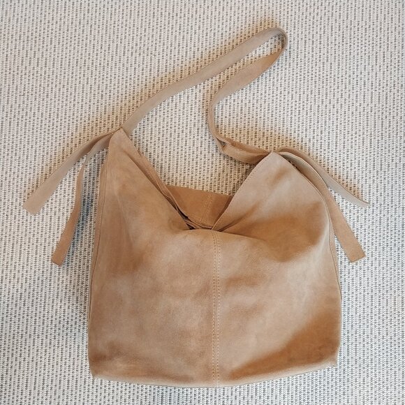 Mango Handbags - MNG Mango Beige Suede Leather Shoulder Bag Hobo Medium Purse Fringe Zipper